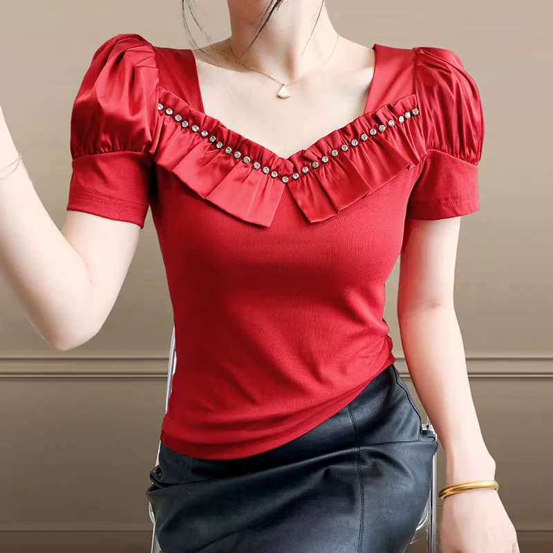 

Fashion Summer Ladies Cotton T-shirt Elegant Short Sleeve Women Brand Top Shirt Chic Sexy Square Neck Ruffles Hot Diamonds Tees