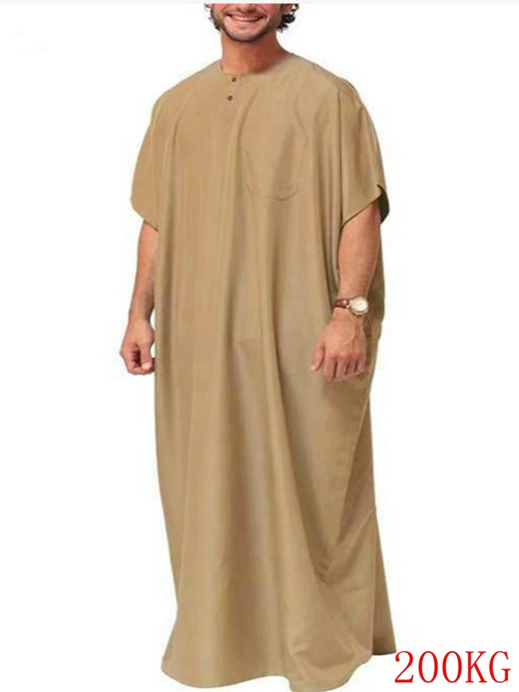 Summer New Large Size Men's200KG Muslim Middle East Arabian Dubai Dress Stand Collar Short Sleeve Pocket Loose Retro Muslim Robe