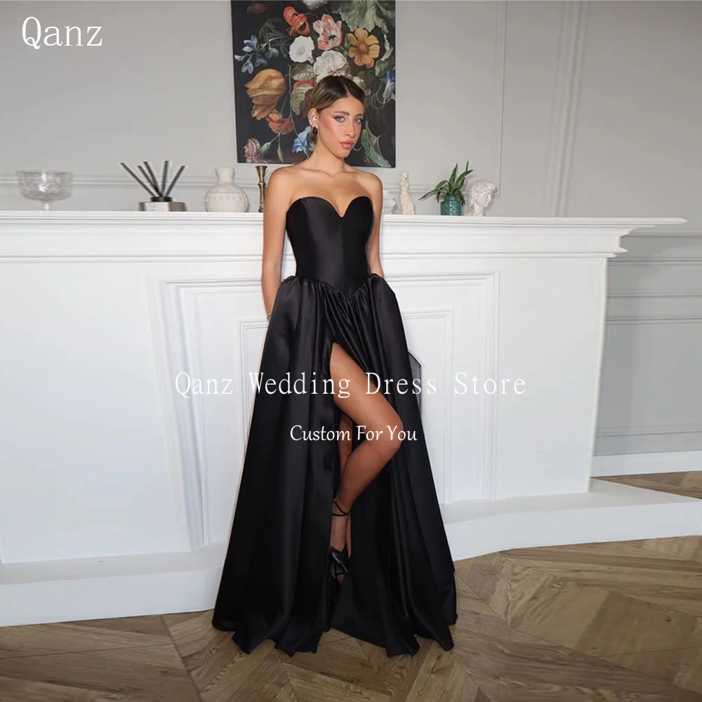 

Qanz Black Satin Prom Dreses High Side Slit Sweetheart Robe Femme élégante Long A Line Sleeveless Formal Party Gown Customized