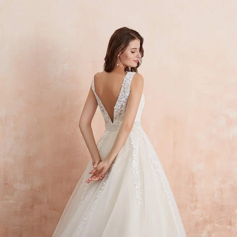 Women's Wedding Dress for Bride Lace Applique Evening Dress V Neck Straps Ball Gowns simple wedding white dress
