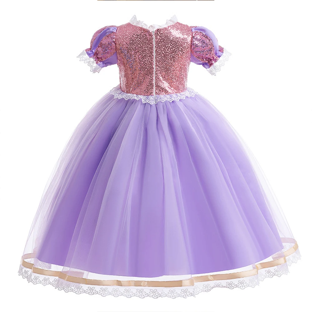 Rapunzel Cosplay Prinzessinnenkleid für Kinder, Halloween-Verkleidung mit Kurzen Ärmeln, Aufführungskostüme, Mädchen Geburtstags- und Karnevals-Party-Outfits – Detail 4