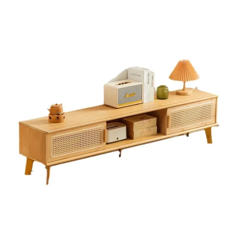 Japanese Style Rattan Sliding Door TV Stand Coffee Table Combo Low Storage Cabinet for Small Apartment Living Room Floor Unit