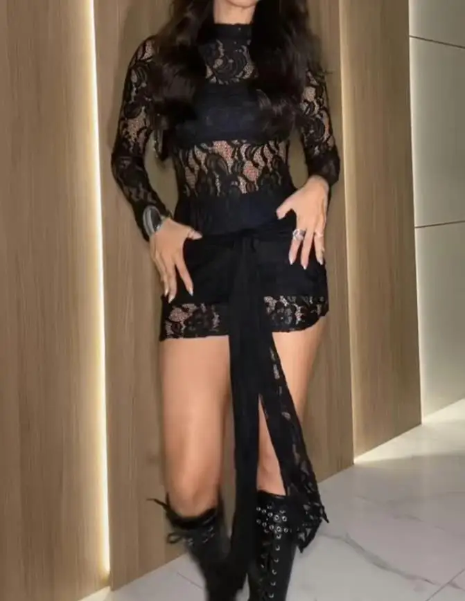 

Womens Dresses Fashion 2025 Hot Girl Style Sexy High Neck Tied Detail Shell Button Decor Sheer Lace Dress Slim Fit Mini Dress