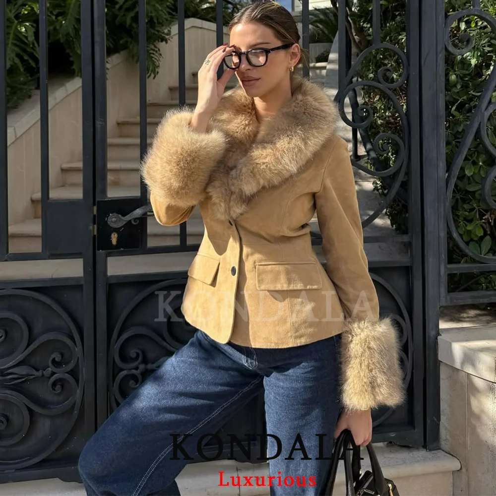 

KONDALA Vintage Fur Suede Jackets Women Long Sleeve V Neck Buttons Slim Coats Fashion 2025 Aututmn Winter Casual Chic Khaki Coat