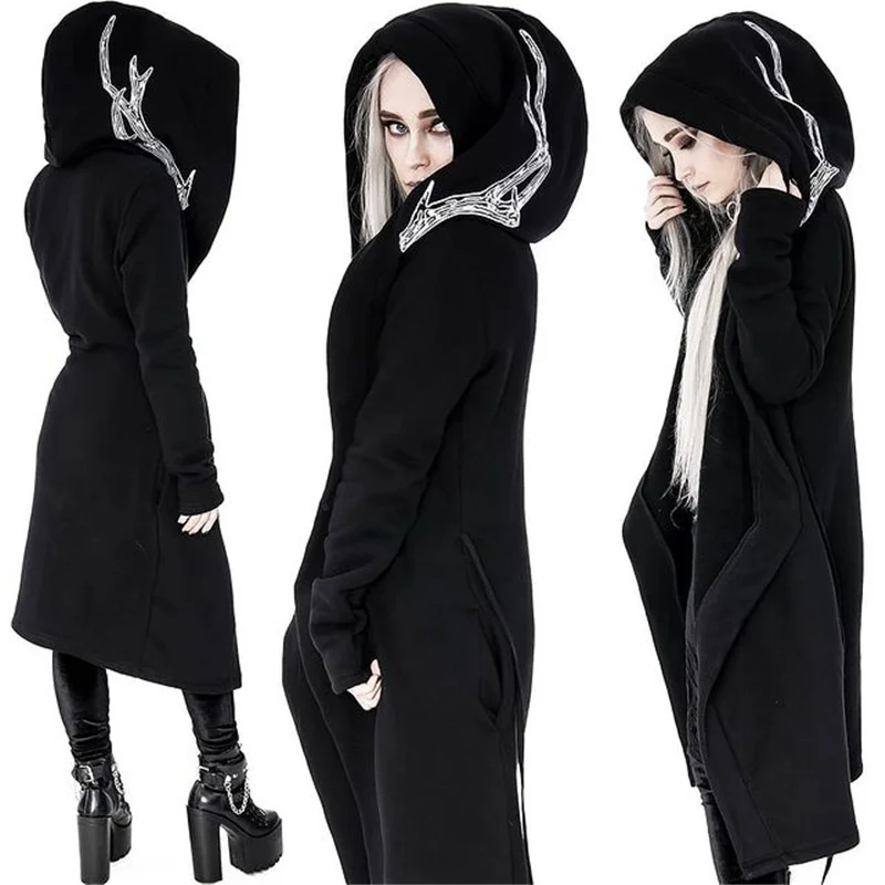 

Retro Goth Fashion Women Hoodie Long Sleeve Printing Patchwork Hooded Collar Loose Cardigan Gothic Style Ladies Hoodie Autumn