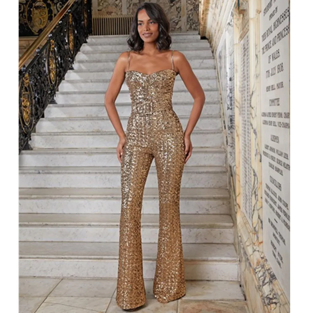 

Gold Sequines Shiny Jumpsuits for Women High End Evening Party Dress Spaghetti Strap Rompers With Belts High Waist Celebrity