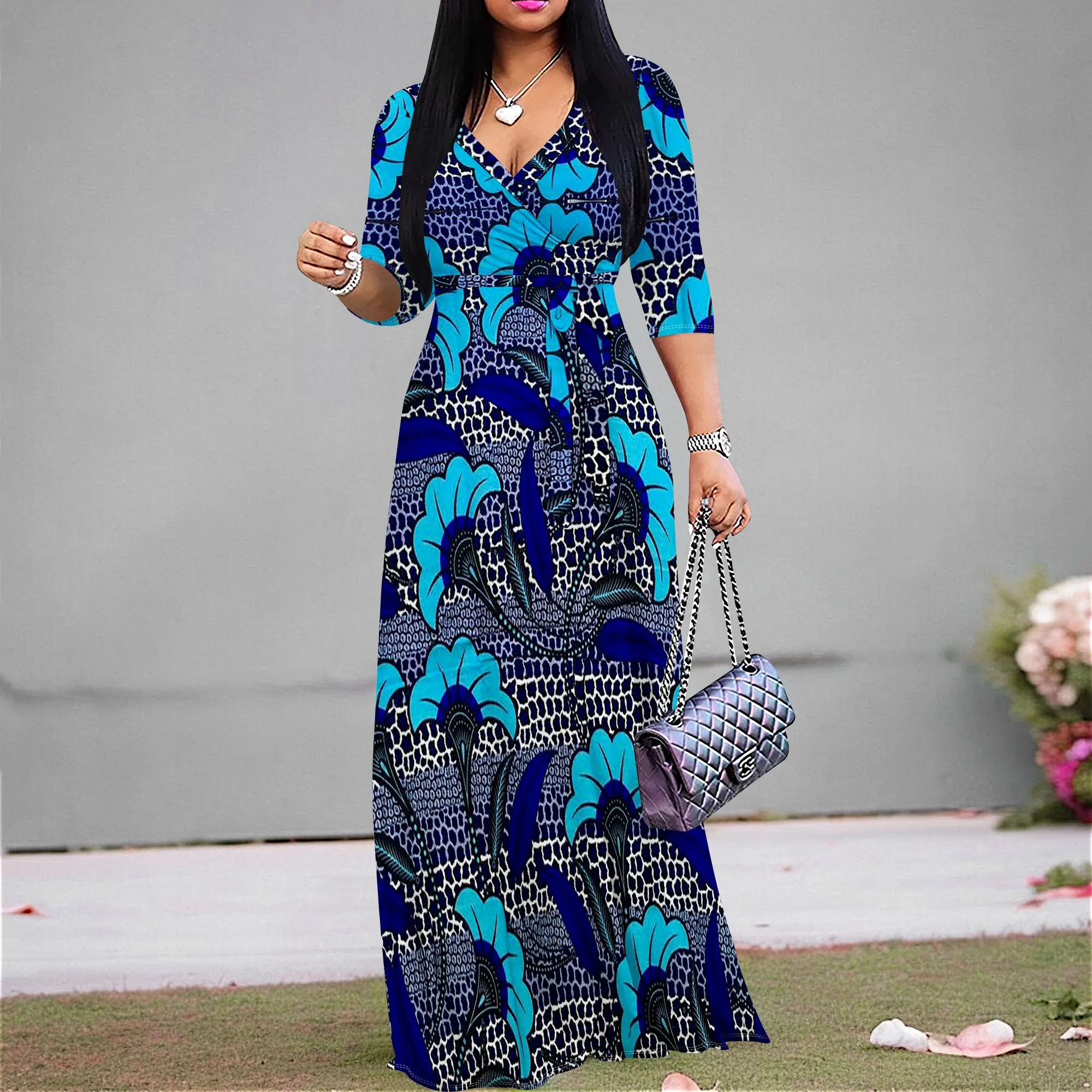 

Women's Boho Floral Maxi Dress African Print V-Neck Half Sleeve A-line Dress with Belt for Vacation Wear XS-3XL