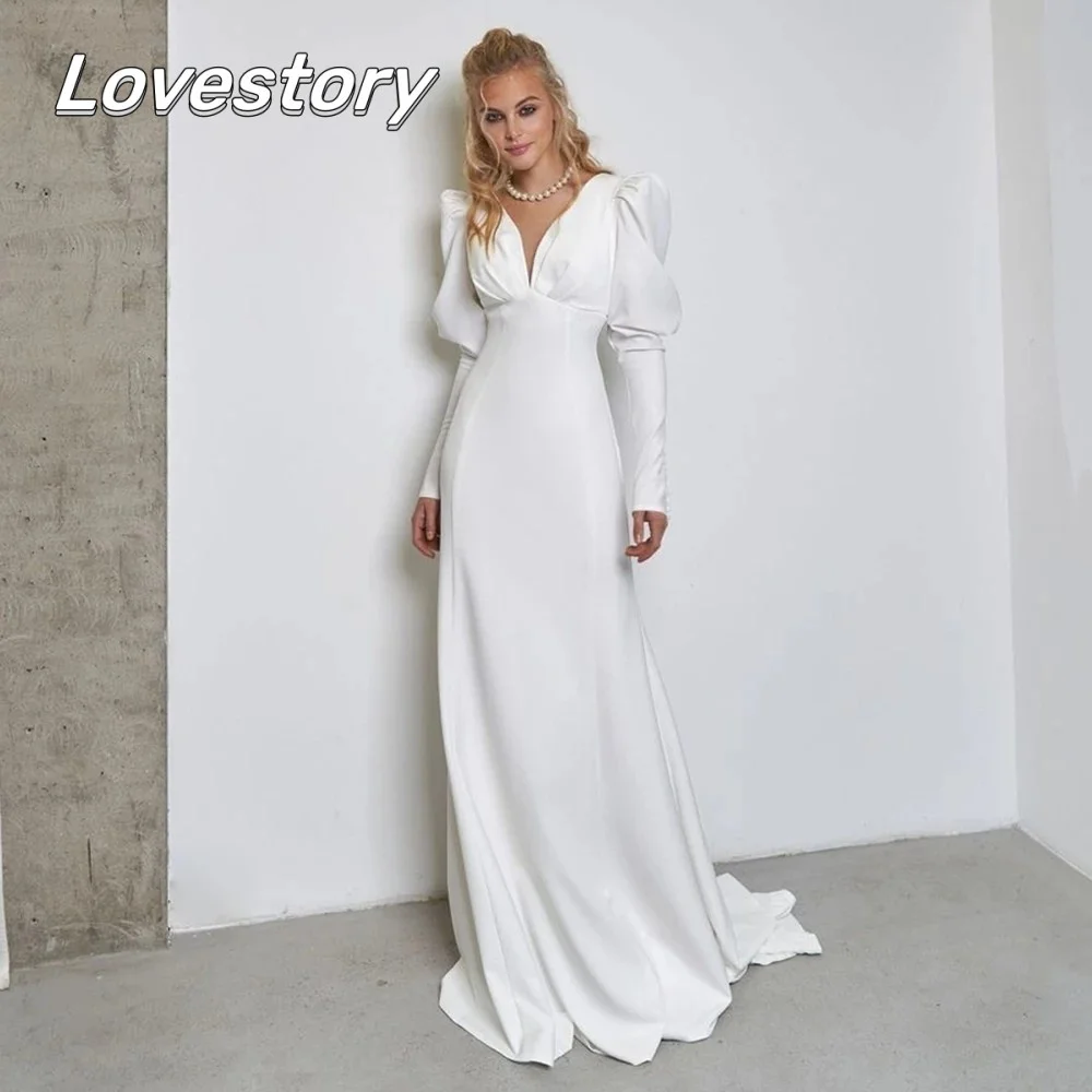 

High Waist A Line Satin Wedding Dresses V Neck Long Puff Sleeve Bridal Gown Empire Satin Bride Robe Cut-Out Bow Vestido De Noiva