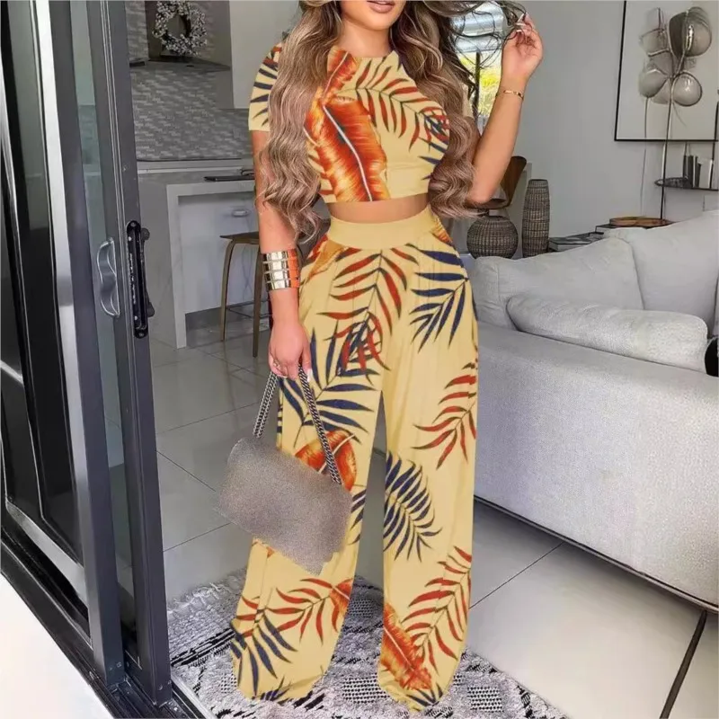 Two Piece Set For Women O-neck Skinny Sexy Tops And Loose Wide Legs Trousers Casual Elegant Daily Lady Outfit 2024 Spring Summer