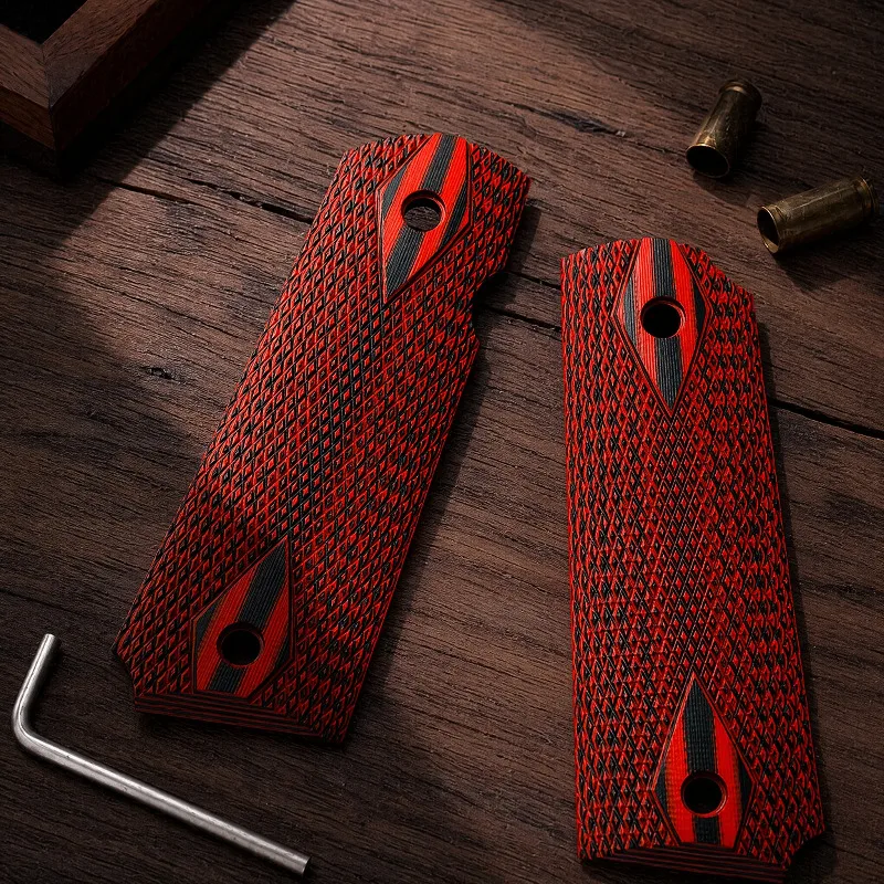 1 par de empuñaduras tácticas para pistola 1911, parche rojo G10, diseño de rayas de rejilla, empuñaduras personalizadas, Material de madera CNC, accesorios 1911