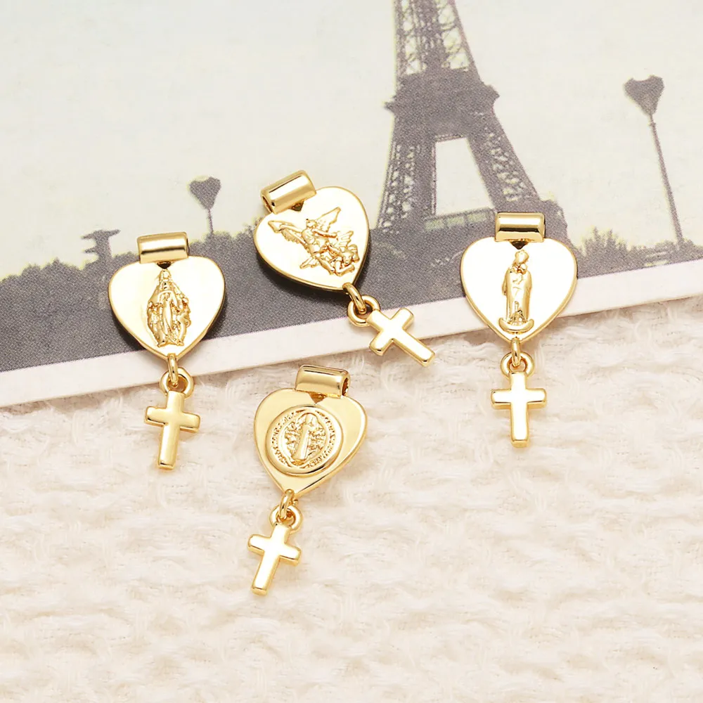 OCESRIO Trendy Virgin Mary Heart Cross Pendant for Necklace Copper Gold Plated Angel San Benito Jewelry Making Component pdta716