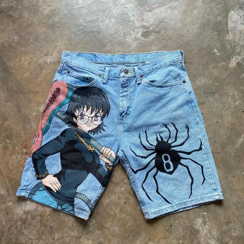 Ropa de calle de moda Retro americana Y2K Harajuku pantalones cortos vaqueros con estampado de Anime hombres gótico Punk Hip-hop pantalones rectos informales sueltos