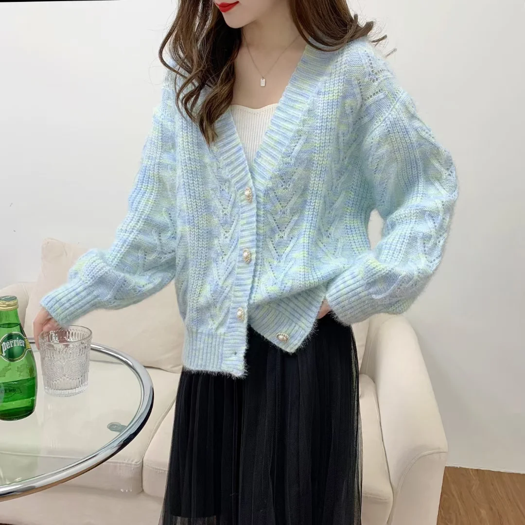 

Sweet Colorful Knitted Cardigan Autumn Long Sleeve Jacket Korean Style Single Breasted Sweater Coat Temperament Loose Tops 29093