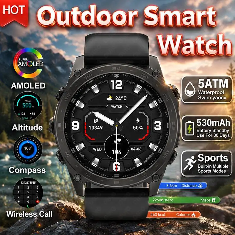 

New Sport Smart Watch Compass Altimeter Sports Mode BT Call 5ATM Waterproof LED Flashlight 1.43 Inch AMOLED Screen Smart Watch