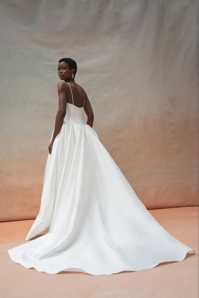 Custom A Line Satin Wedding Dress Thin Spaghetti Straps Deep V Neck Back Button Detail Bridal Gown With Cathedral Train