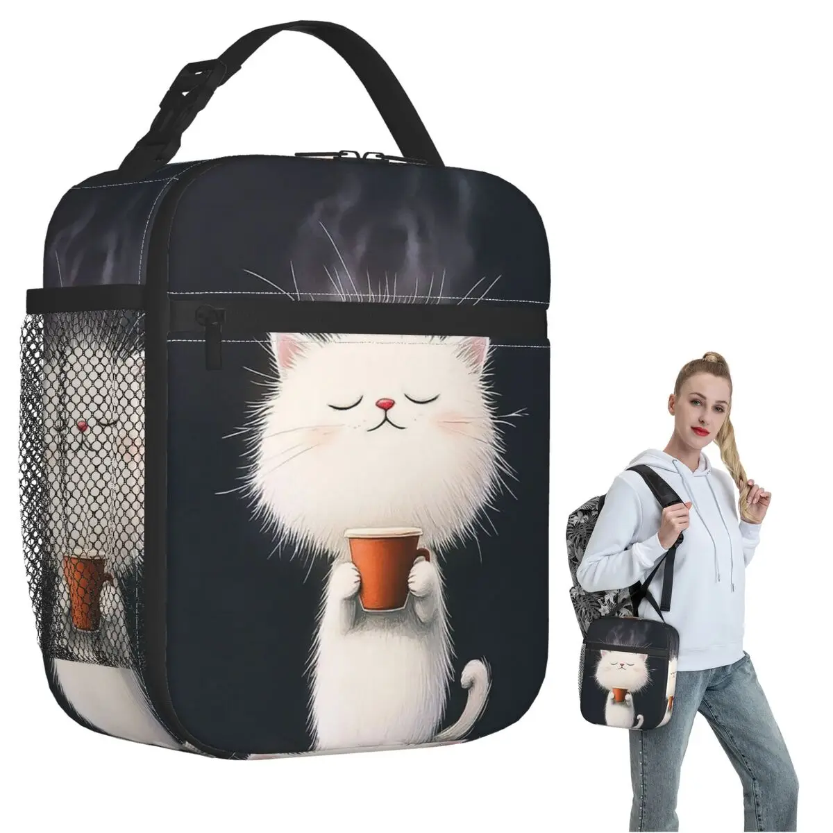 

Изолированная сумка для обеда с рисунком белого кота, держащего чашку кофе, для женщин и детей, портативные контейнеры для еды, термосумка для обеда