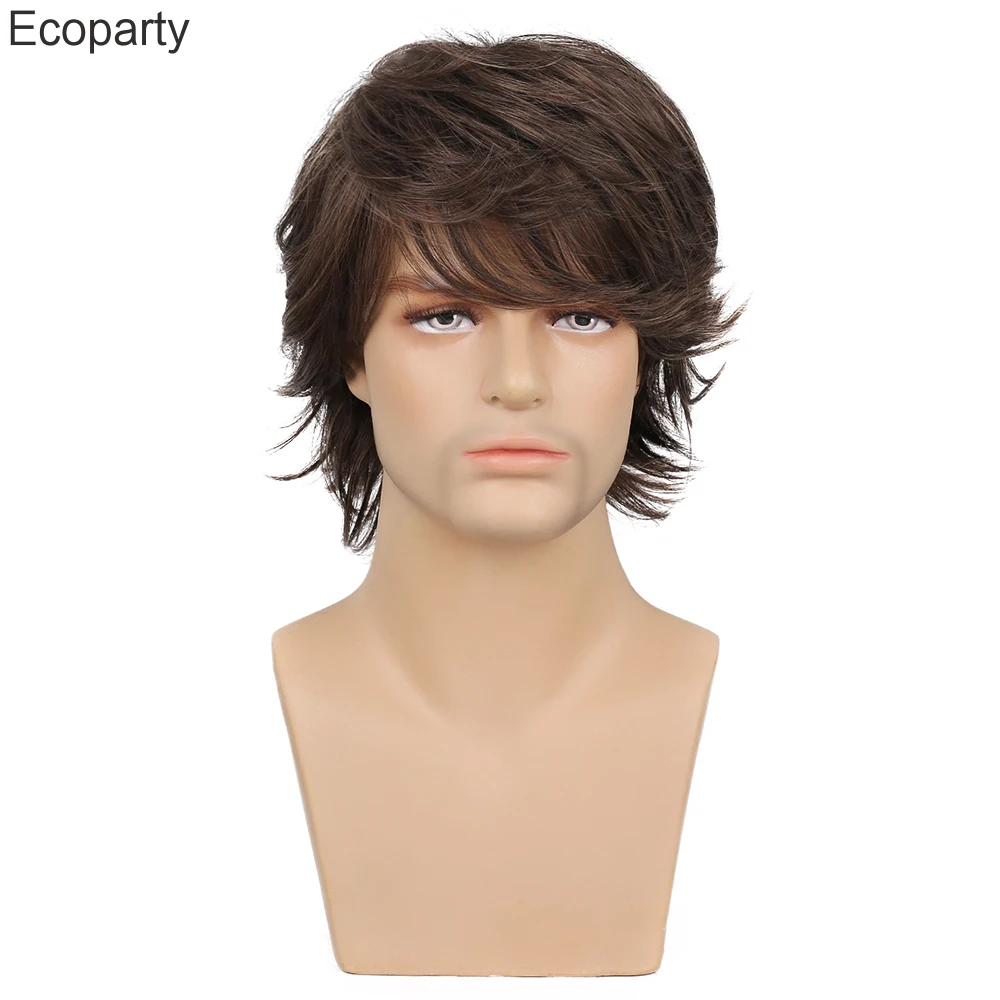 Men Short Brown Curly Hair Synthetic Wigs for Male Daily Wig Curly Natural Looking Hair Heat Resistant Breathable Wig