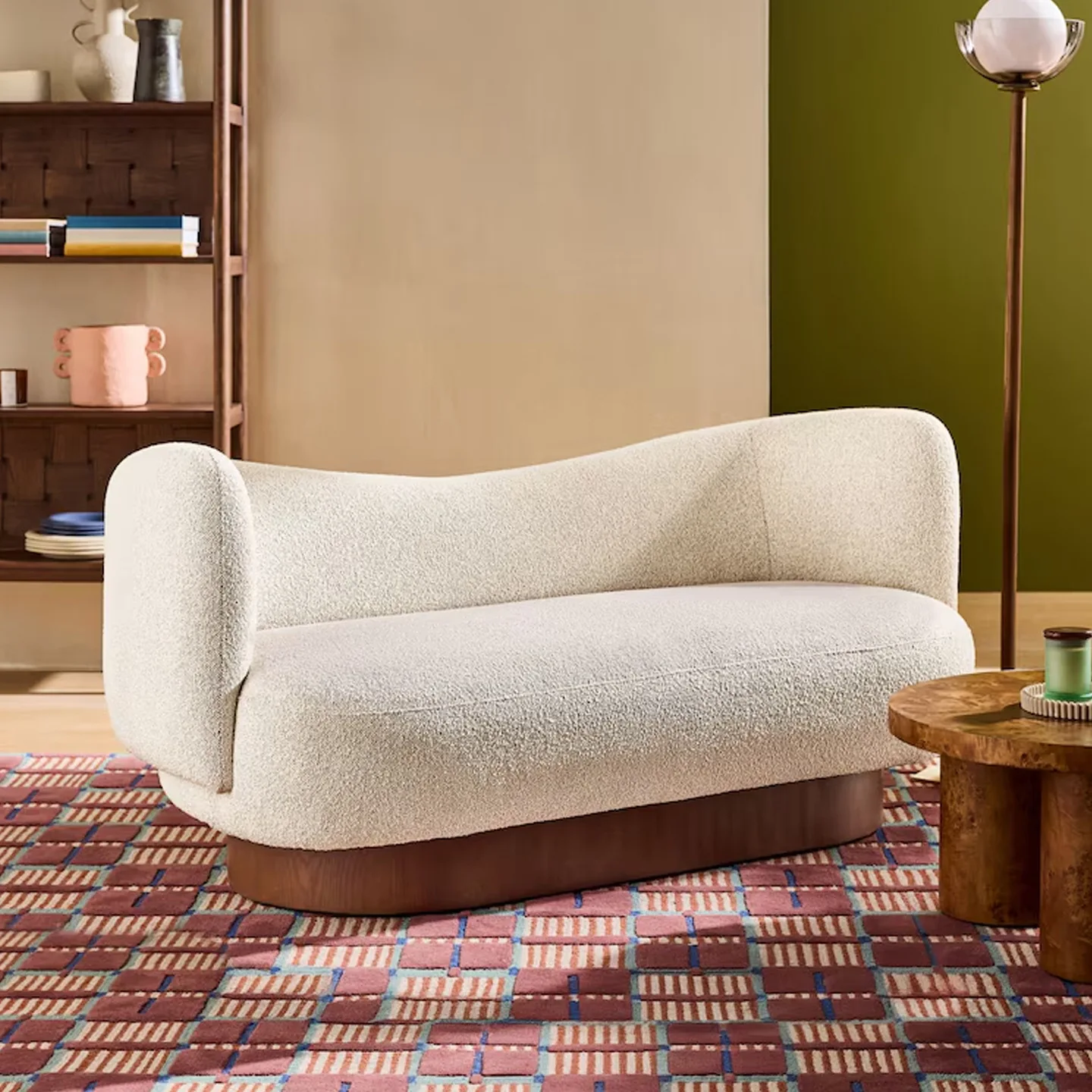 #Cream Boucle Fabric Curved 2 Seater Loveseat Sofa With Solid Wood Base for Living Room Bedroom Apartment Home Office Furniture