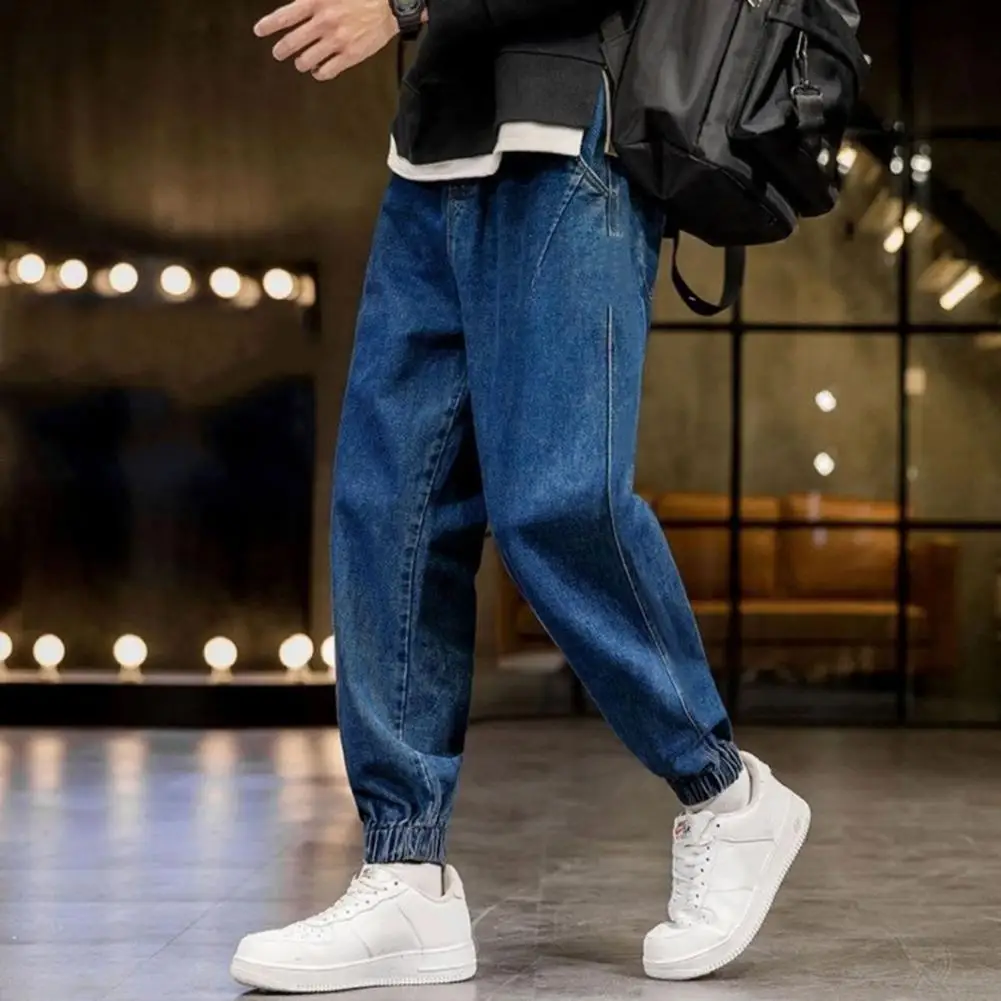 Pantaloni elastici in vita Jeans da uomo elasticizzati in vita larghi con Design a fascia alla caviglia cavallo profondo Colorfast tasche Casual per uomo