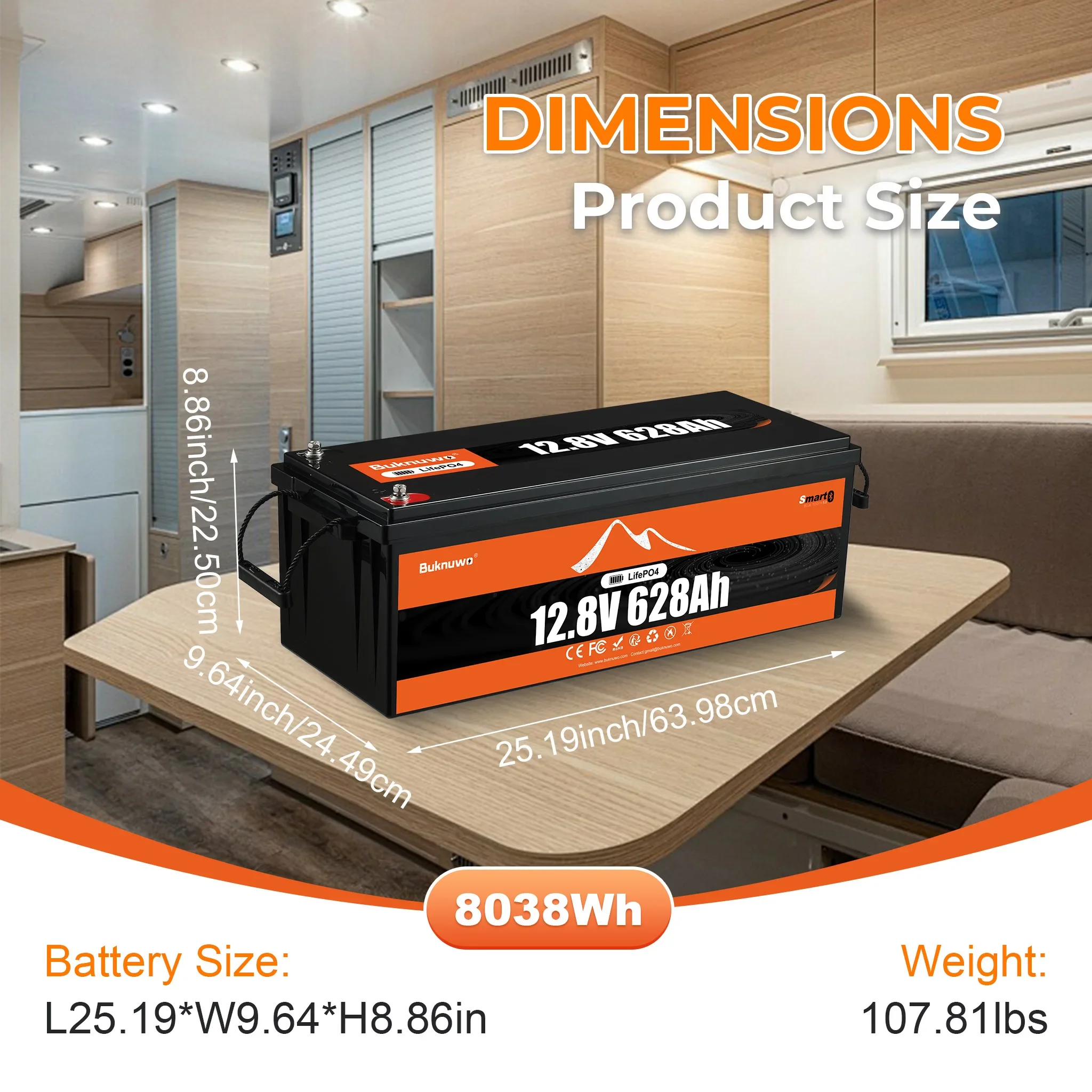 Buknuwo 12V/12.8V 628Ah Bluetooth LiFePO4 Lithium Battery,Smart 8000Wh Power Energy Battery,Built-in 250A BMS Grade A Cells,Low-Temp Protection,Capable Of Over 4000 Cycles Support Series/Parallel Batt image 6