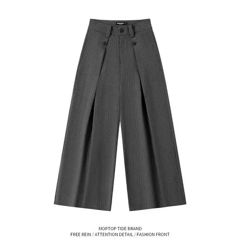 

American Style Grey Pleated Stripe Old Money West Pants Loose Fit Casual Wide Leg Suit Pants for Men And Women