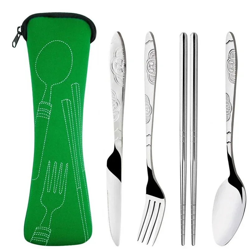 4Pcs Set Dinnerware Portable Knifes Fork Spoon Chopsticks Stainless Steel Family Camping Steak Cutlery Tableware with Bag