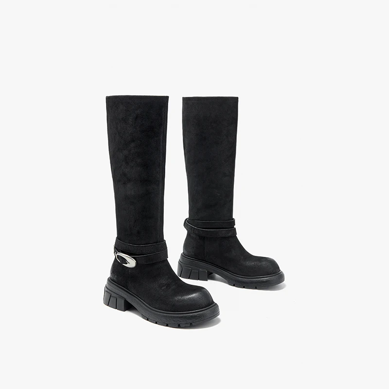 BEAUTODAY Knee High Boots Women Cow Leather Round Toe Solid Color Thick Heel Belt Buckle Retro Knight Tube Boots Handmade 01610