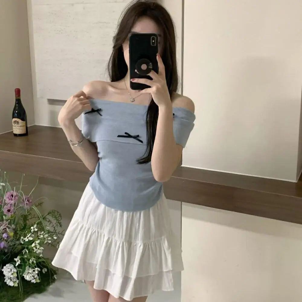 Elegant Bowknot Off Shoulder Shirt Gentle Style Ice Silk T shirt Short Sleeves Pleated Knitted Shirt