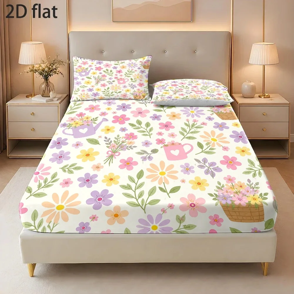 Spring Garden Bloom 3Pcs Print Bedding Set, Soft and Comfortable, Suitable for Bedroom, Guest Room One Fitted Sheet + Two Pillowcases, No Core