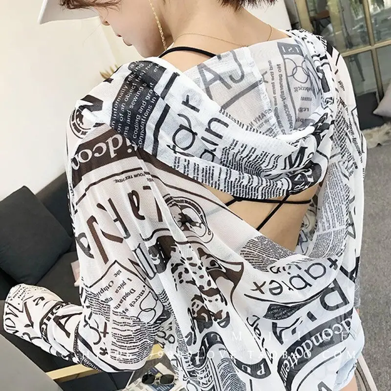 High Street Fashion Letter Printed Blouse Spring Summer New Thin Casual Hooded Drawstring Women\'s Clothing Backless Split Shirt