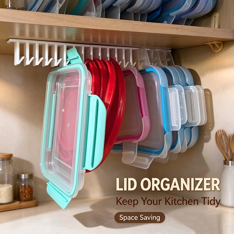 Hanging Lid Storage Hook Rack Snap-on Lid Organizer for Plastic Food Containers Wall Mount Kitchen Lid Holder for Cabinet Pantry