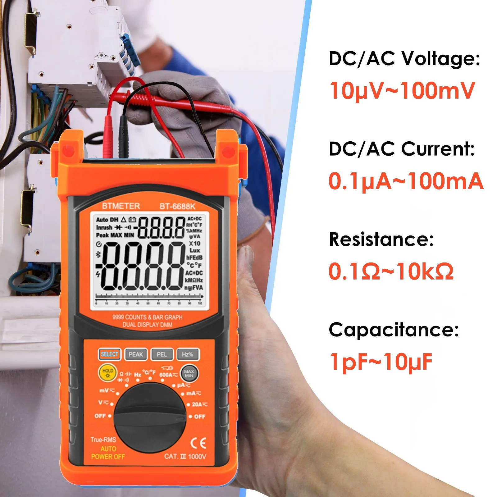 DIGITAL MULTIMETER 9999 COUNTS & BAR GRAPH DUAL DISPLAY 6688-K DC&AC voltage,DC&AC current,resistance,capacitor,frequency