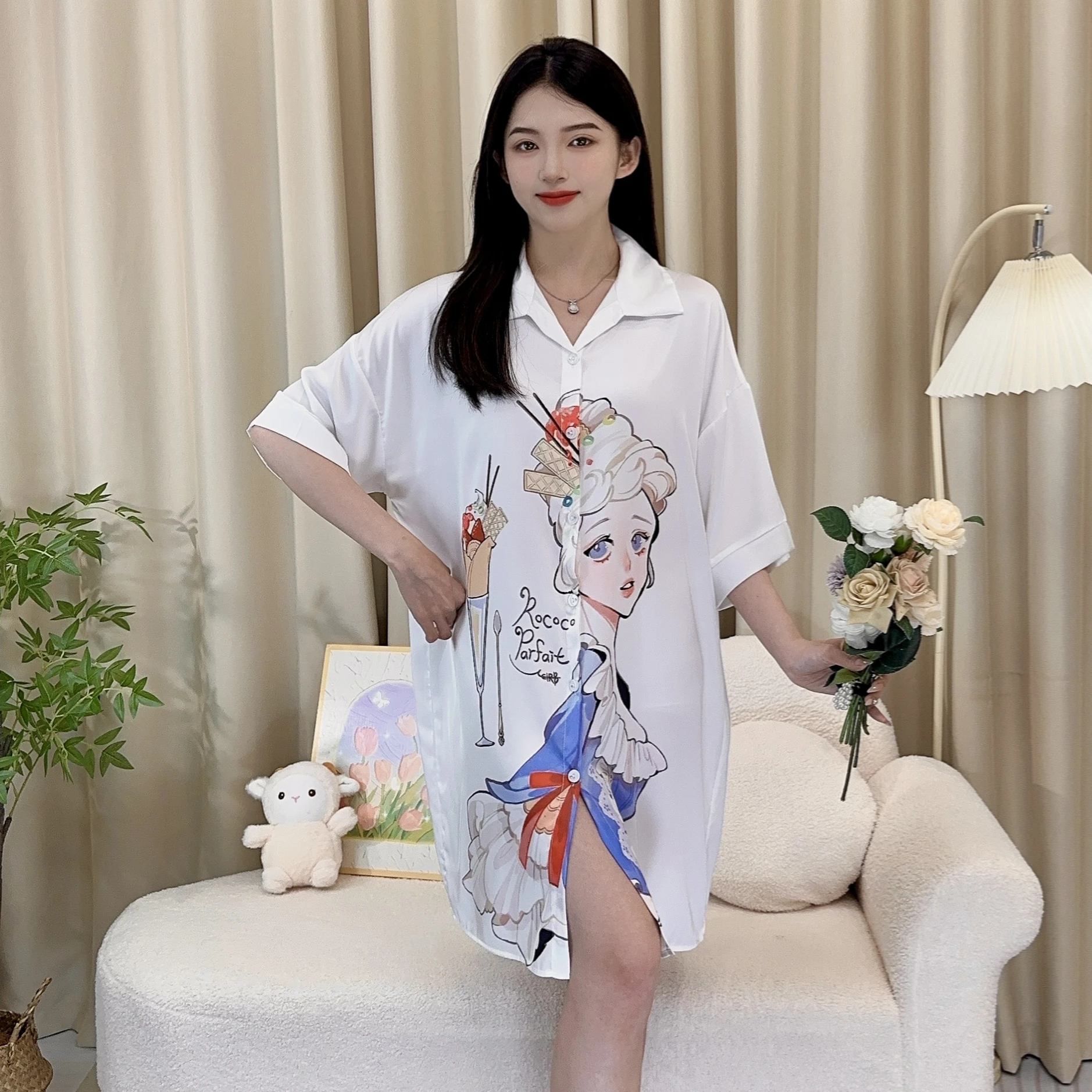 

Women's elegant casual satin nightgown, breathable and loose sexy sleepwear, cream princess pattern, suitable for home wear