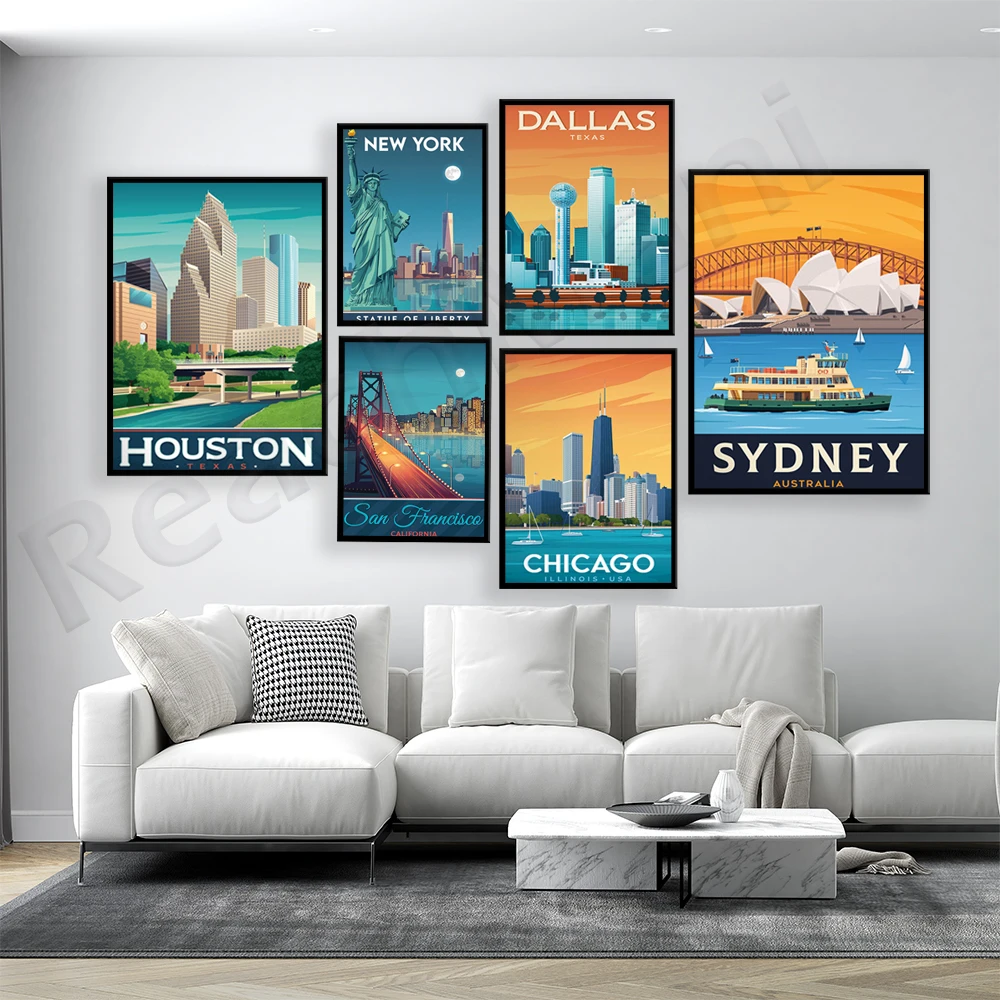 

Sydney Opera House, Houston Texas USA, Chicago Illinois, New York, UT Dallas, San Francisco California travel poster cityscape