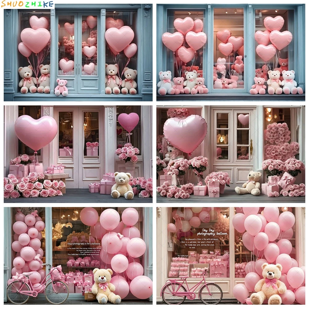 

Romantic Valentine's Day Pink Theme Backdrop For Photography Red Love Heart Rose Balloon Bear Background Decor Photo Studio Prop