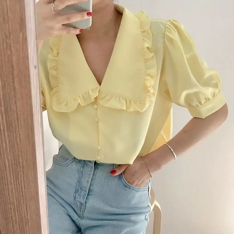 Korean Chic Peter Pan Collar Chiffon Blouses Women\'s Summer New Solid Loose Short Sleeve Edible Tree Fungus Button Shirts Tops