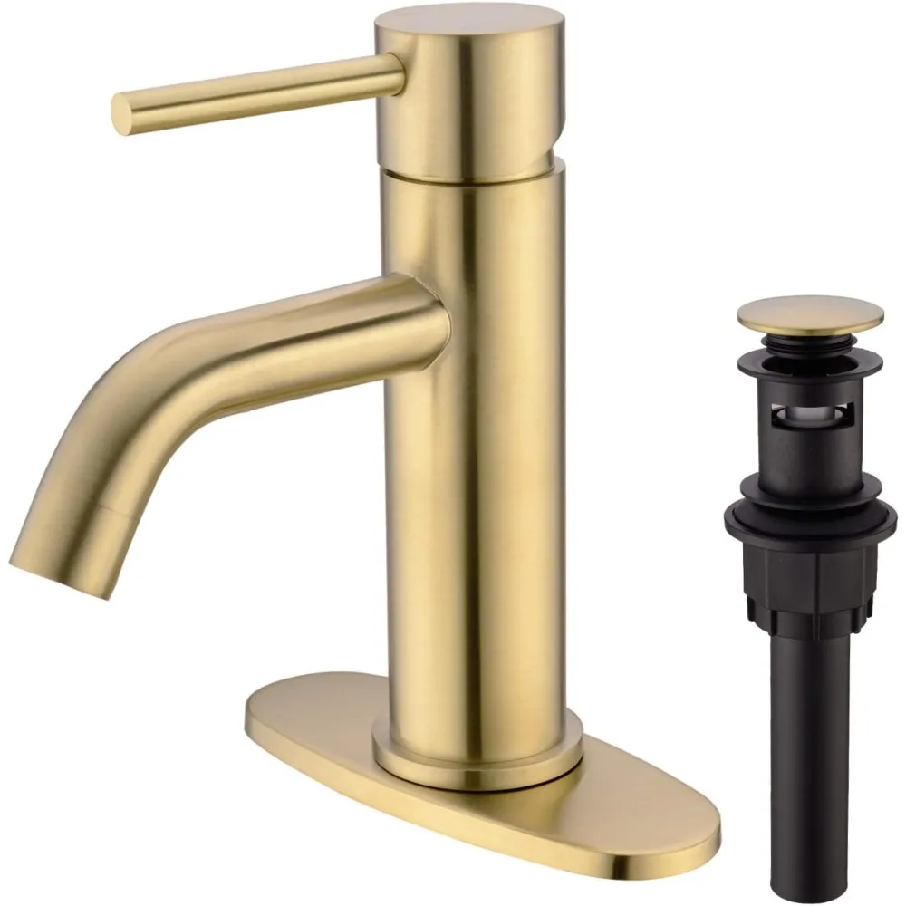 Brass Single Lever Single Hole Bathroom Basin Sink Faucet with Pop Up Drain Assembly and 6-Inch Hole Cover Deck Plate