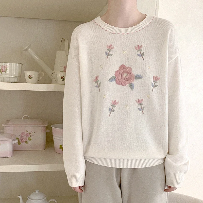 

Prairie Chic Floral Sweater Women Autumn Handmade Rose Tulip Embroidery Loose Pullover for Sweet Girls