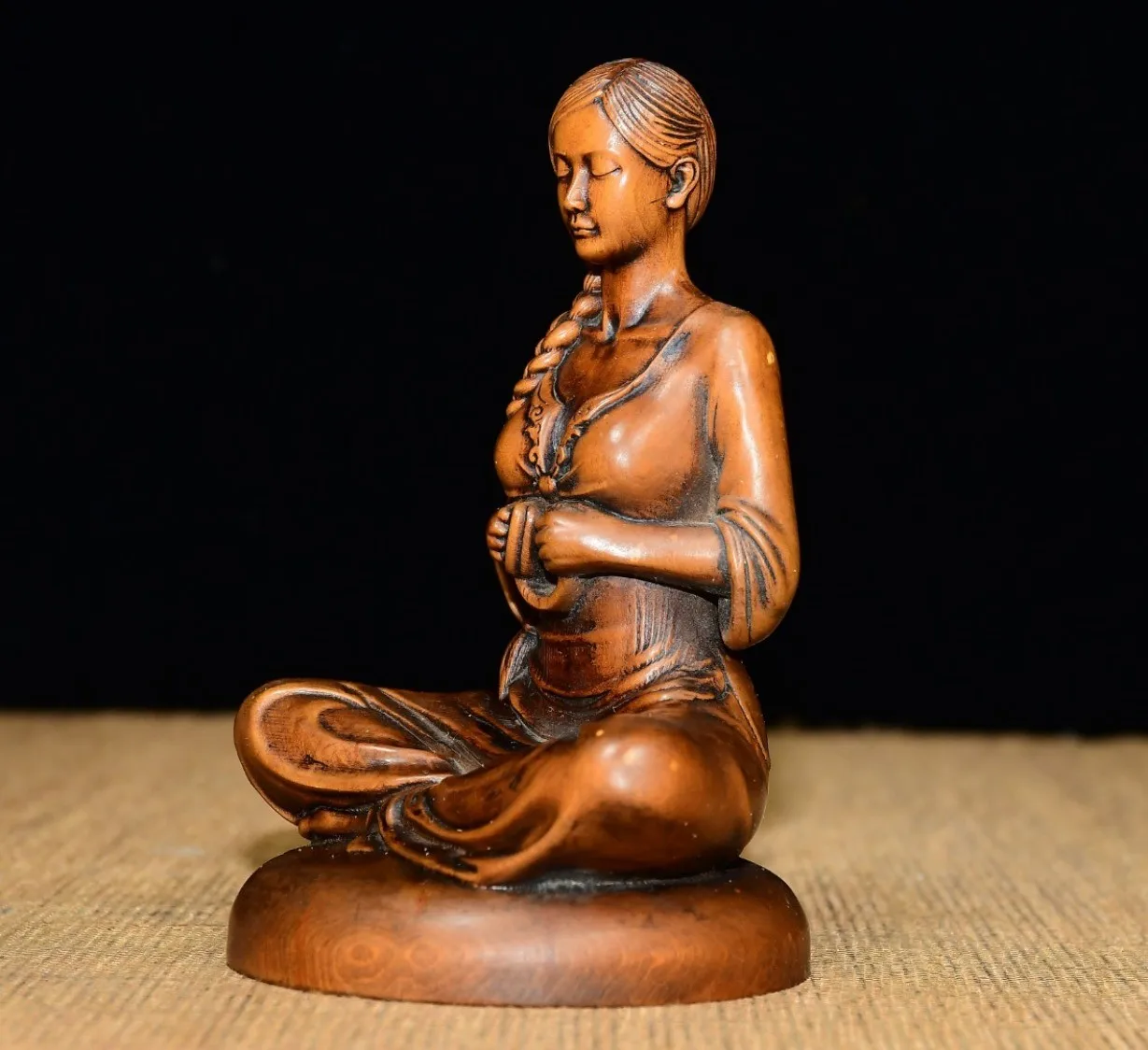 Vintage Wooden Statue Zen Lady Figurine Sculpture Meditating Serene Woman