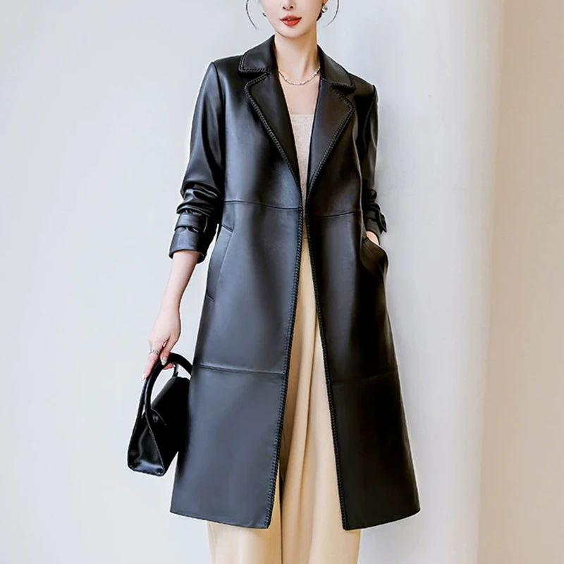 M-3XL Trench in pelle di pecora di livello A da donna alla moda caffè 2025 Autunno Nuovo Trench lungo con lacci Blet da donna in vera pelle