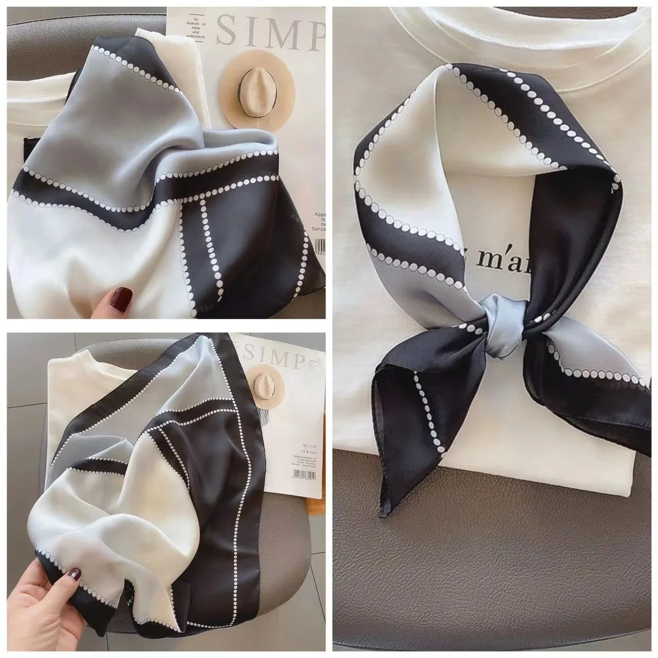 Lenço de seda quadrado feminino, bandana pequena hijab macio, decoração de cabelo ao ar livre, lenço luxuoso ao ar livre, novo, primavera, 70x70cm,