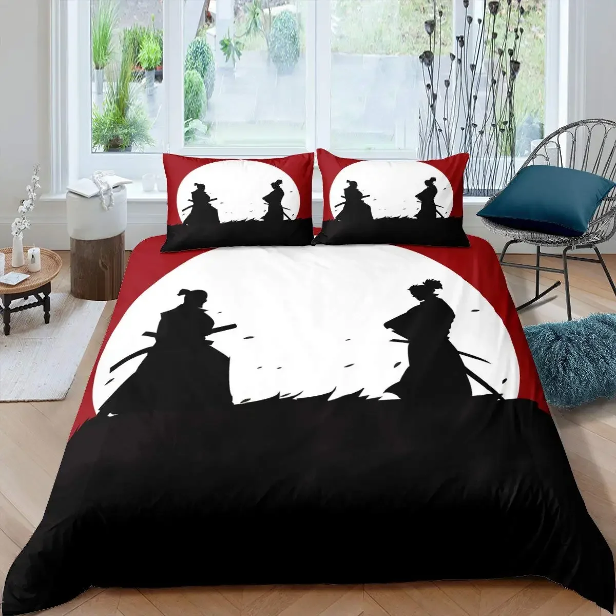 Japanese Samurai King Queen Duvet Cover Man with Katana Sword Bedding Set Japan Ronin Culture Red 2/3pcs Polyester Quilt Cover