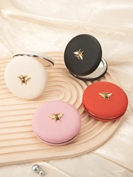 1PC Round Double-Sided Leather Makeup Mirror with Gold Bee, in Gold, Black, Pink, Rose Red. Perfect Gift for Women on All Occasi