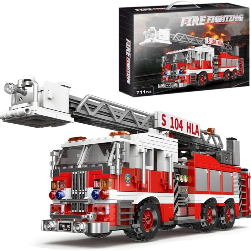 

Набор для сборки пожарной машины с подсветкой и лестницей (711 шт.) Наборы для сборки игрушек STEM Подарок для детей и взрослых Городские строительные кирпичи со светом