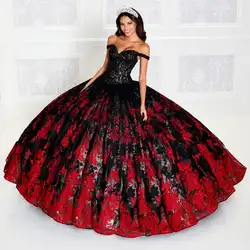 Vestido de quinceañera hinchado rojo y negro, vestido de baile sin hombros, Apliques de encaje con cuentas mexicanas, 16 vestidos, 15 años