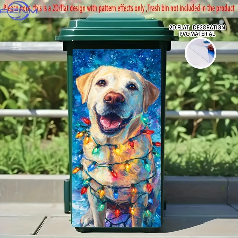 Autocollant auto-adhésif Labrador avec lumières de Noël - Grand design brillant en PVC sur le thème de la nuit d'hiver, chien souriant et lumières scintillantes