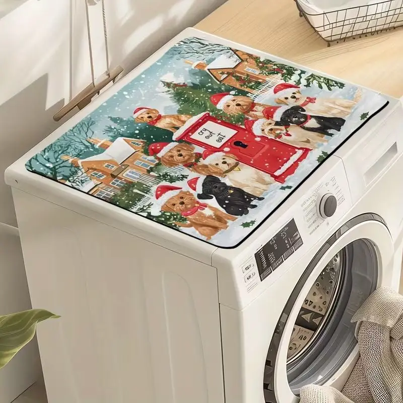 VIKAMA Merry Christmas Puppies Dog Santa Hat Washing Machine Cover Mat Waterproof Dustproof Washer Dryer Pad Holiday Home Decor