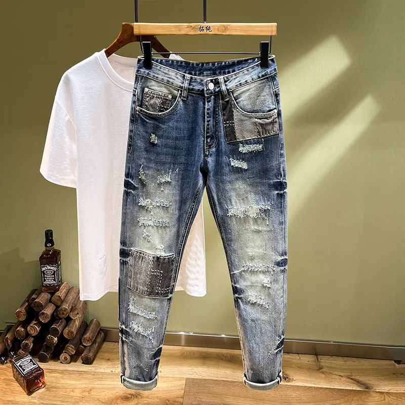 

Street Beat Personality Splicing Casual Jeans Broken Stretch Slim Embroidery Patches Flap Small Straight Men's Pants