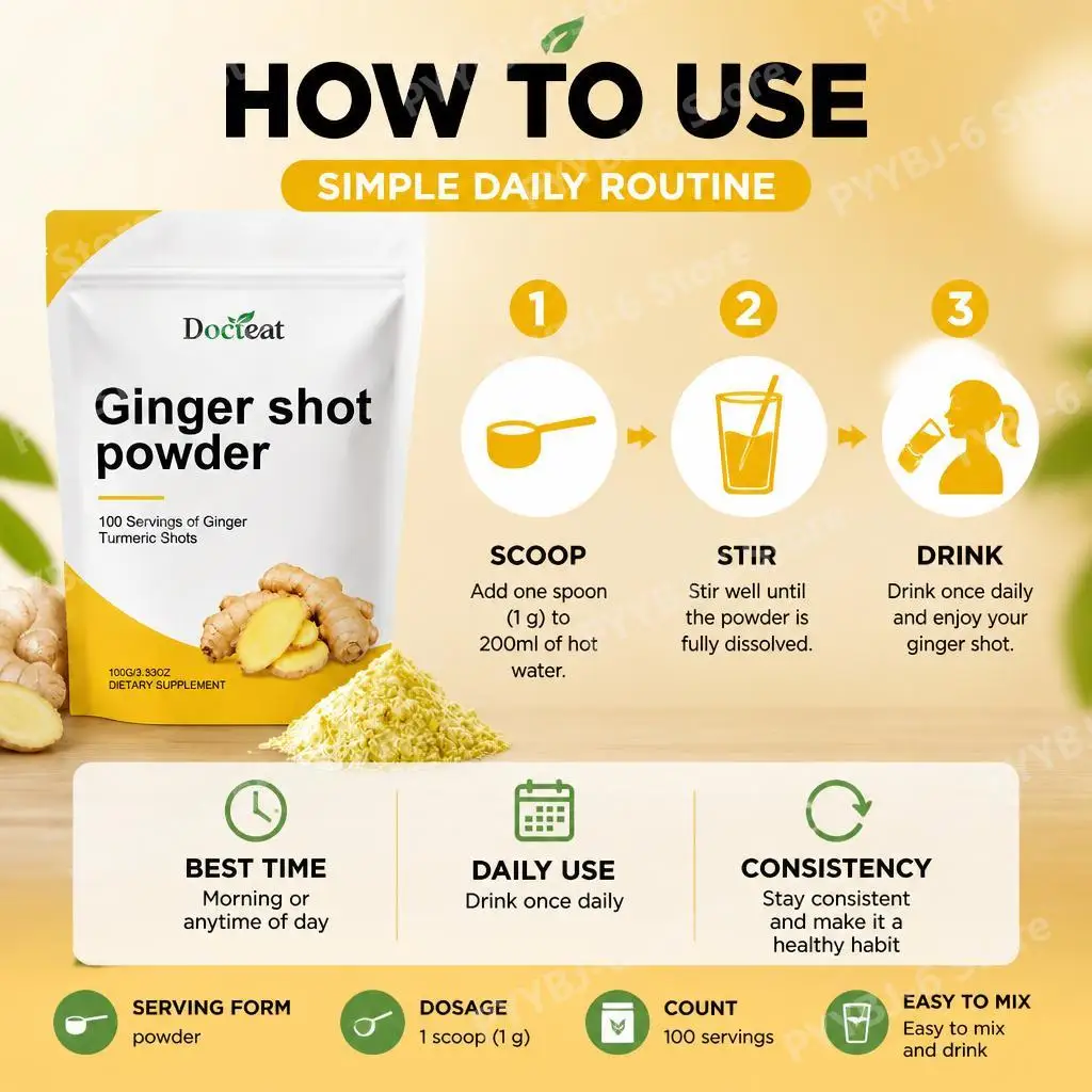 Docteat Ginger Shot Powder VitaminC B6B12 Turmeric Panax Ginseng Metabolism Energy Immune Antioxidant Support Daily Wellness100g - view 5