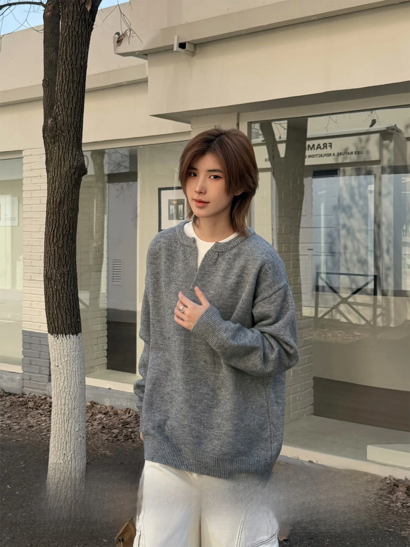 

Ja1 V-Neck Sweater Unisex Oversized Long Sleeve round Neck Pullover Simple Stylish Fake Two-Piece Spring Autumn Season Fashion